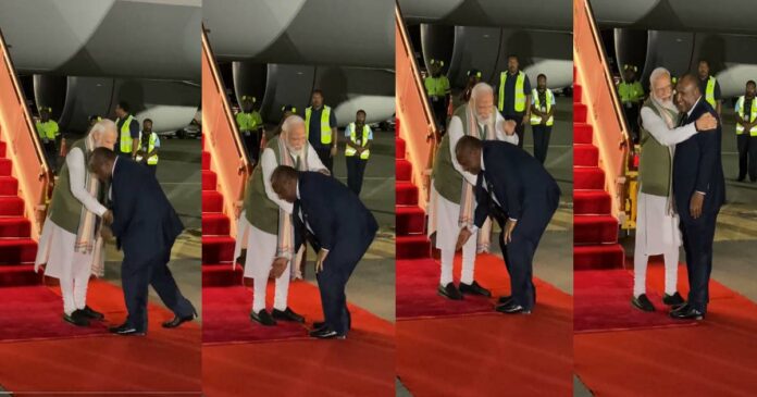 Papua New Guinea Prime Minister James Marape is about to greet the feet of Narendra Modi who is on an official visit and take his blessings.