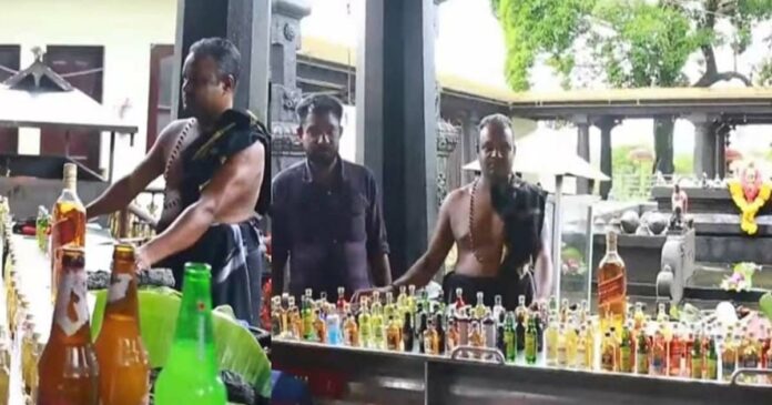 Liquor of various brands, big and small! Devotee displays 101 bottles of foreign liquor at Kollam hill temple