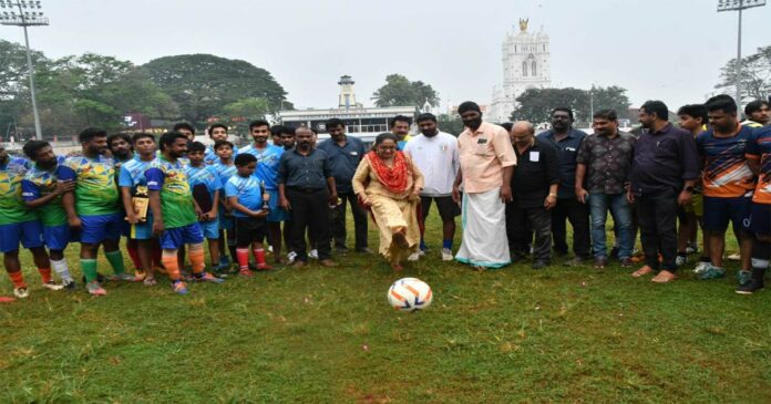 Kim's Health Trophy Media Football League Launched; Vizhinjam Port Chief Managing Director Divya S. Iyer took the kickoff