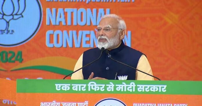 Prime Minister Narendra Modi addressing the BJP National Convention in Delhi