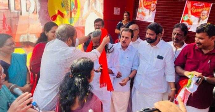 LDF candidate Pannyan Ravindran starts his tour of Nemam constituency in the final lap of election campaign