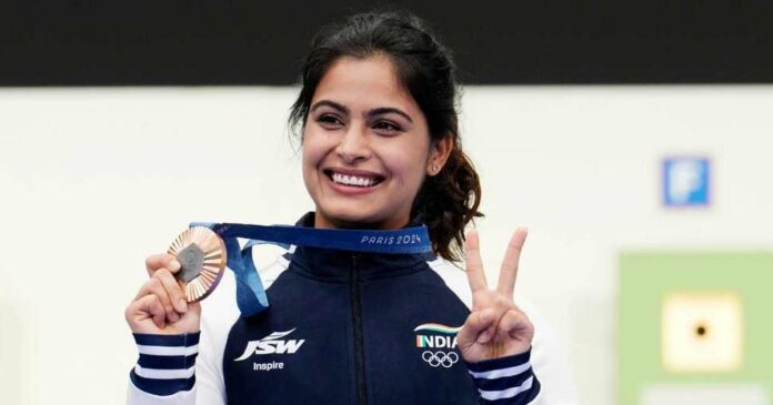 Manu Bhakar reacts after winning India's first medal in Paris Olympics