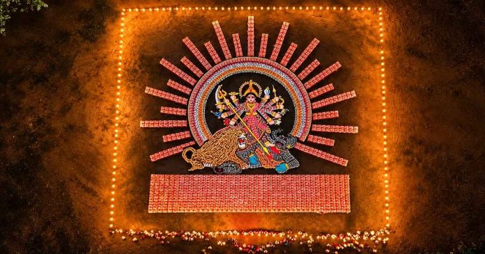 Adani Cement creates a 70-foot idol of Maa Durga using 15,000 cement bags